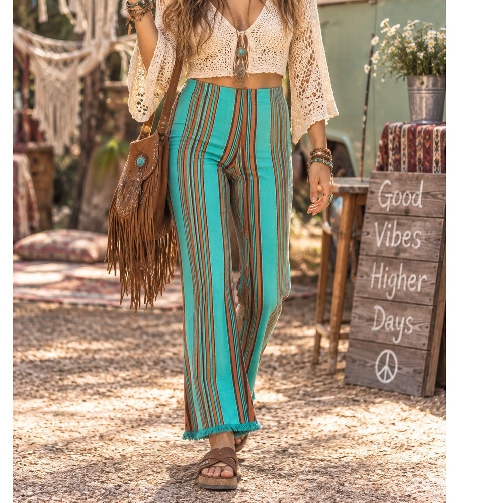 Attyre New York Striped Pants Womens 10 Teal Orange Excellent Boho Fringe Hem
